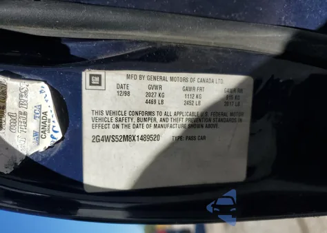 1999 Buick Century Custom z USA, uszkodzony, nr VIN 2G4WS52M8X1489520